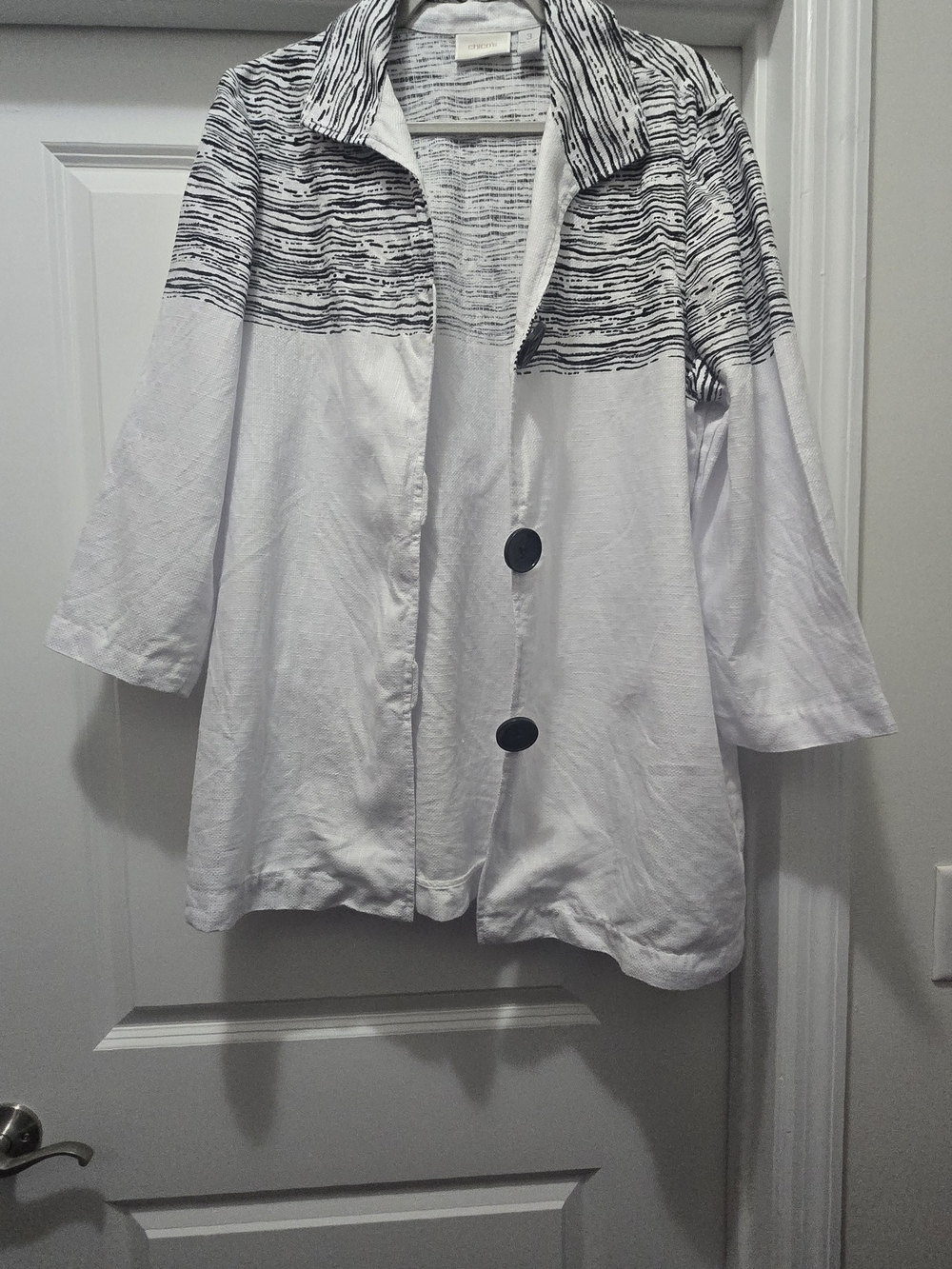 Chico's White Jacket with Black Striped Yoke
